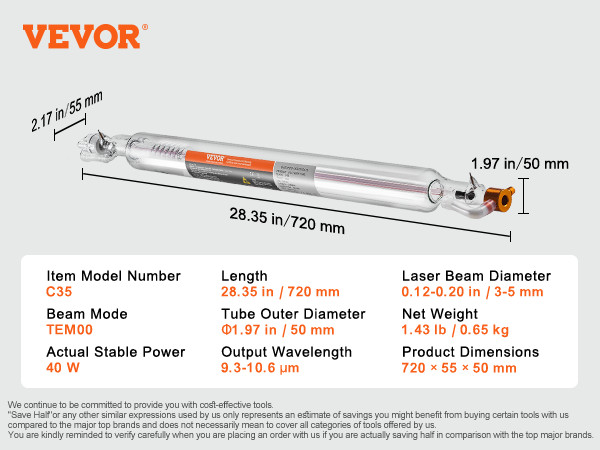 CO2 glazen laserbuis 60W 1000mm voor lasergraveer- en snijmachine | NL