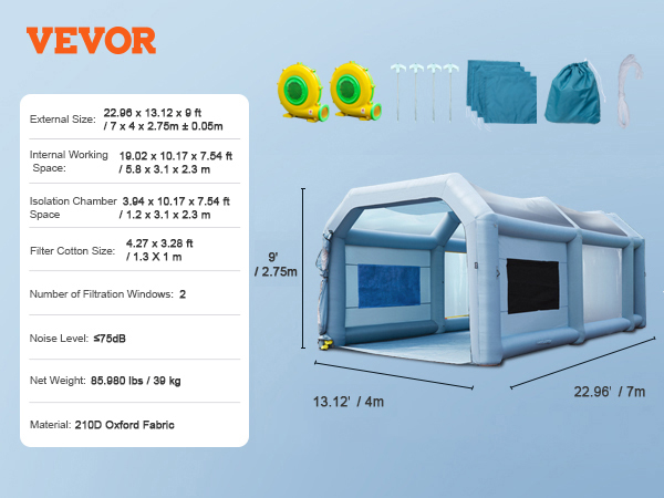 VEVOR Portable Inflatable Paint Tent for Spray Painting 480+750W  5.8x3.1x2.3m Anti-Spray Paint Booth for DIY Projects Hobby Paint Machine  Tool Blue 210D Oxford Cloth Car Paint Booth