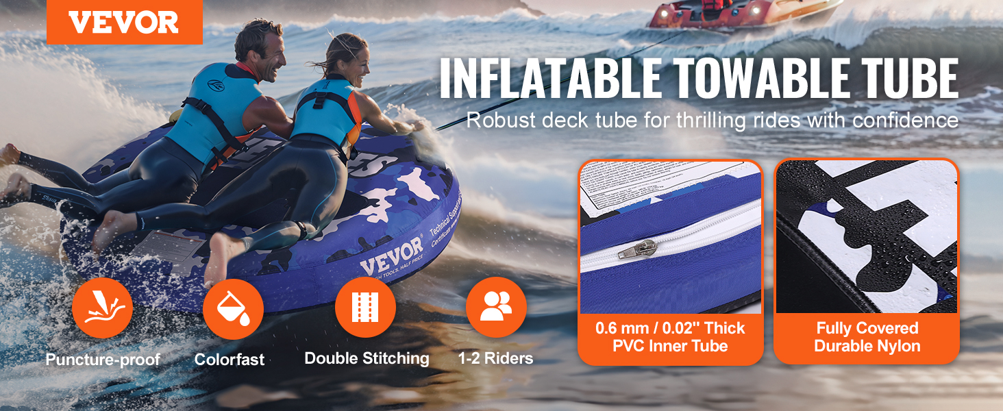 VEVOR Towable Tube for Boating, 1-2 Riders Inflatable Boat Tubes