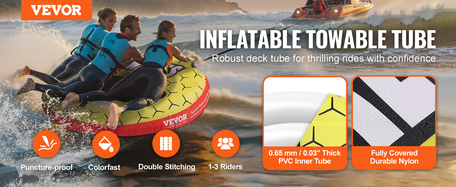 VEVOR Towable Tube for Boating, 1-3 Riders Inflatable Boat Tubes