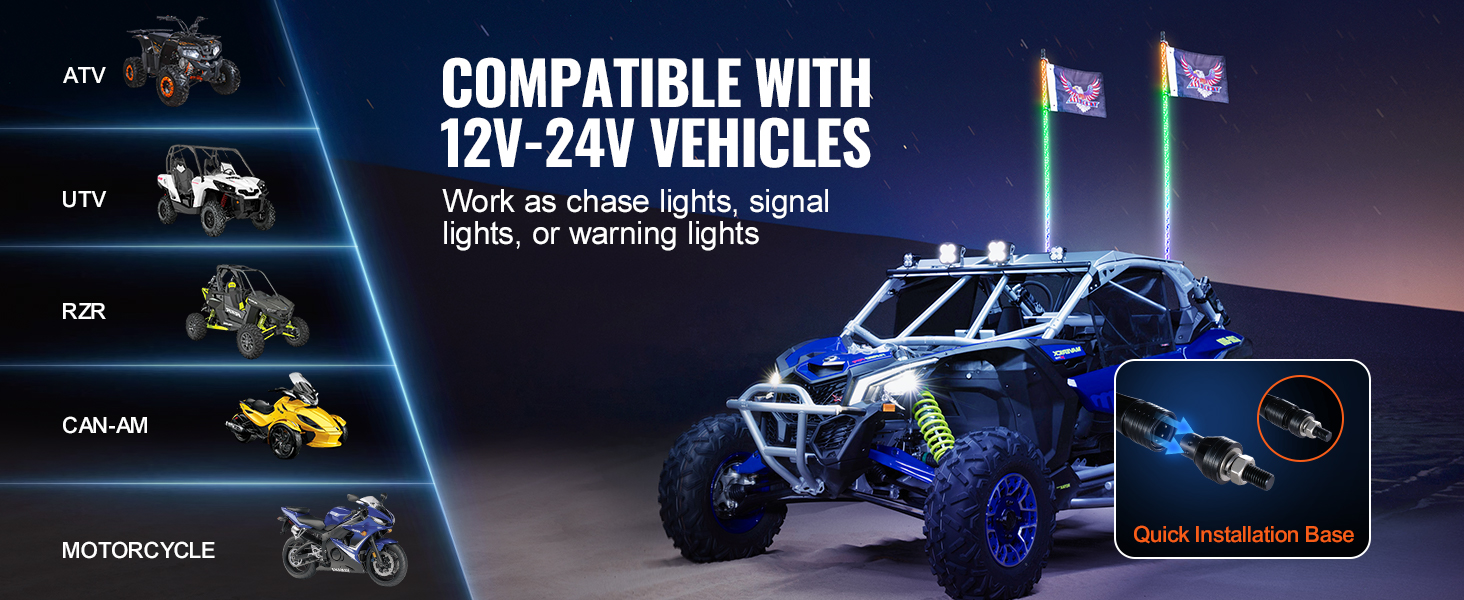 thumbnail image 2 of FICOLPO 2-Pack 2.36Ft LED RGB Whip Lights With Spring Base - App Controlled For UTV, ATV, Jeep & Off-Road Vehicles 2 of 9