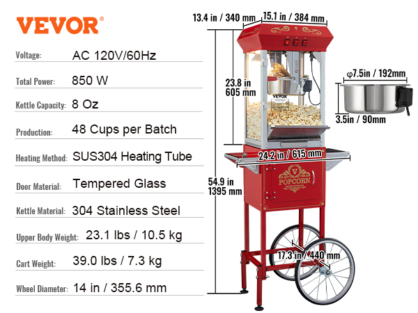 Commercial Popcorn Machine,with Cart,8 Oz,48 Cups