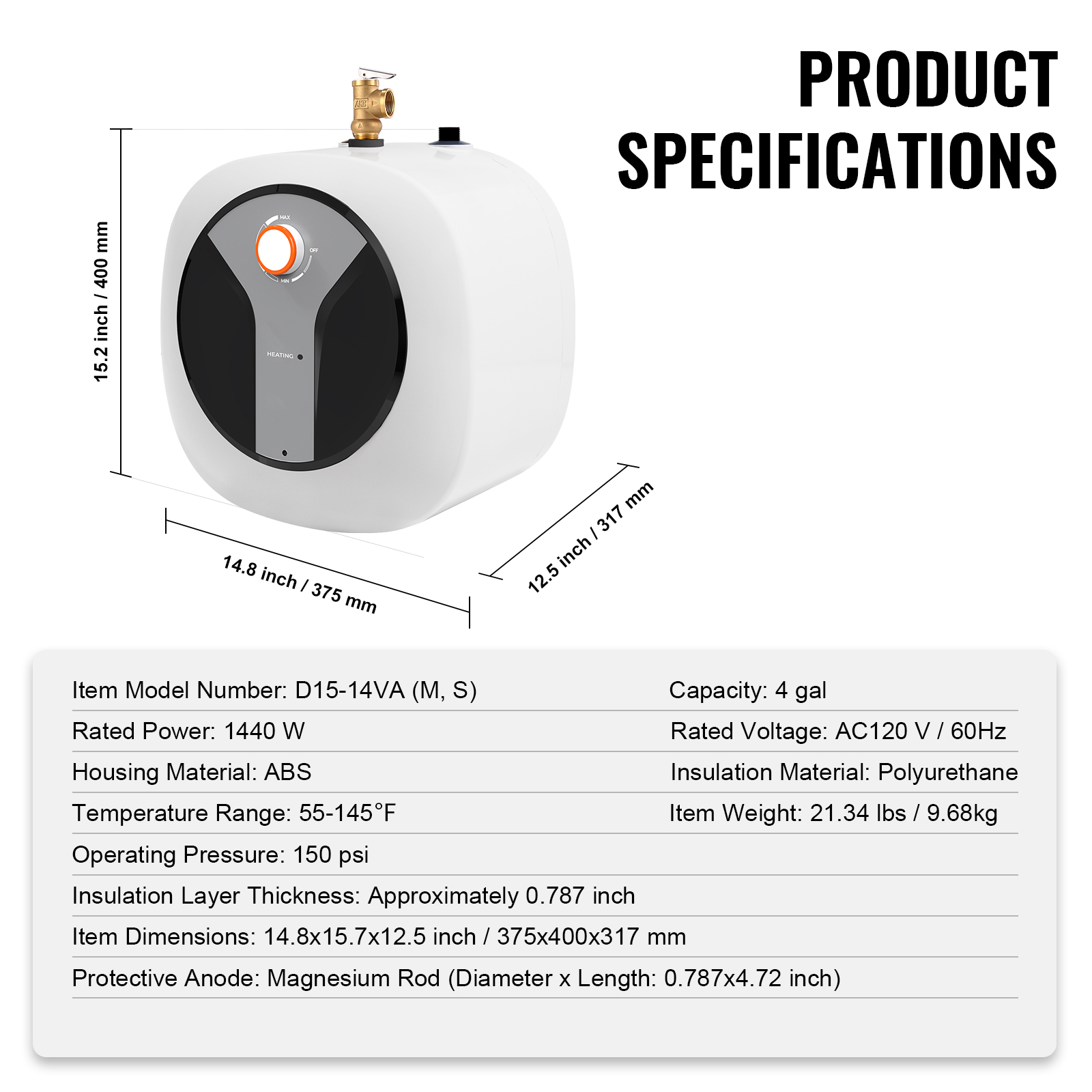 2.5/4/8 Gal Electric Hot Water Heater Mini Tank Compact 1400W Kitchen Sink - Picture 29 of 44