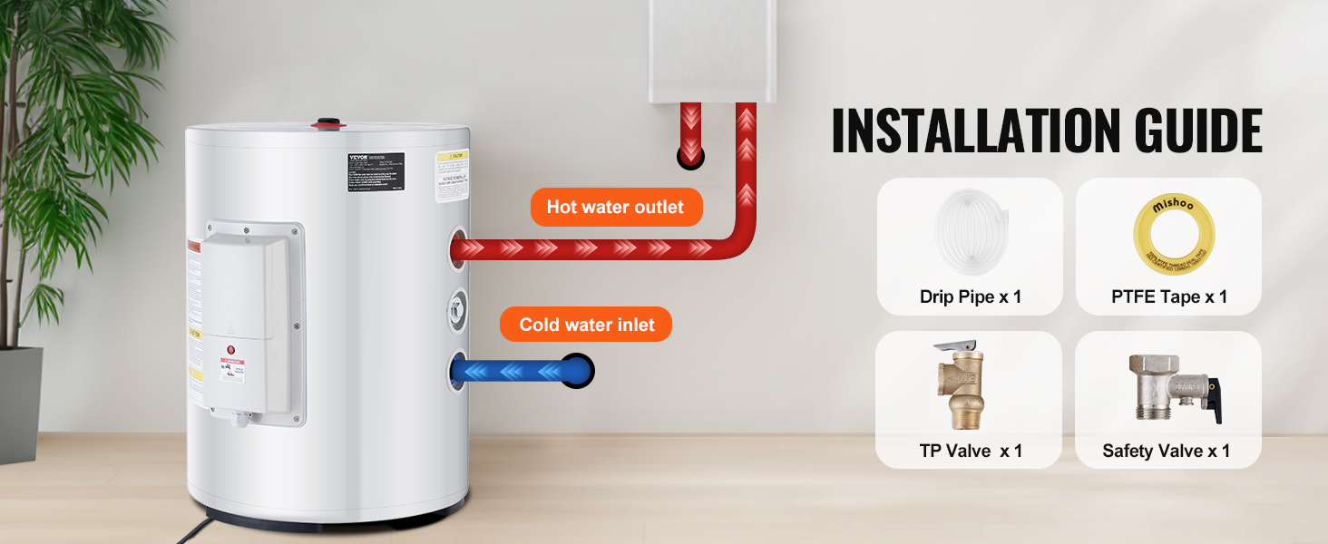 VEVOR 10-Gallon Electric Water Heater – 1.6kW Tank Heater, LED Display, Knob Control, IPX4 Waterproof, Side Connection, On-Demand Hot Water For Shower & Bath