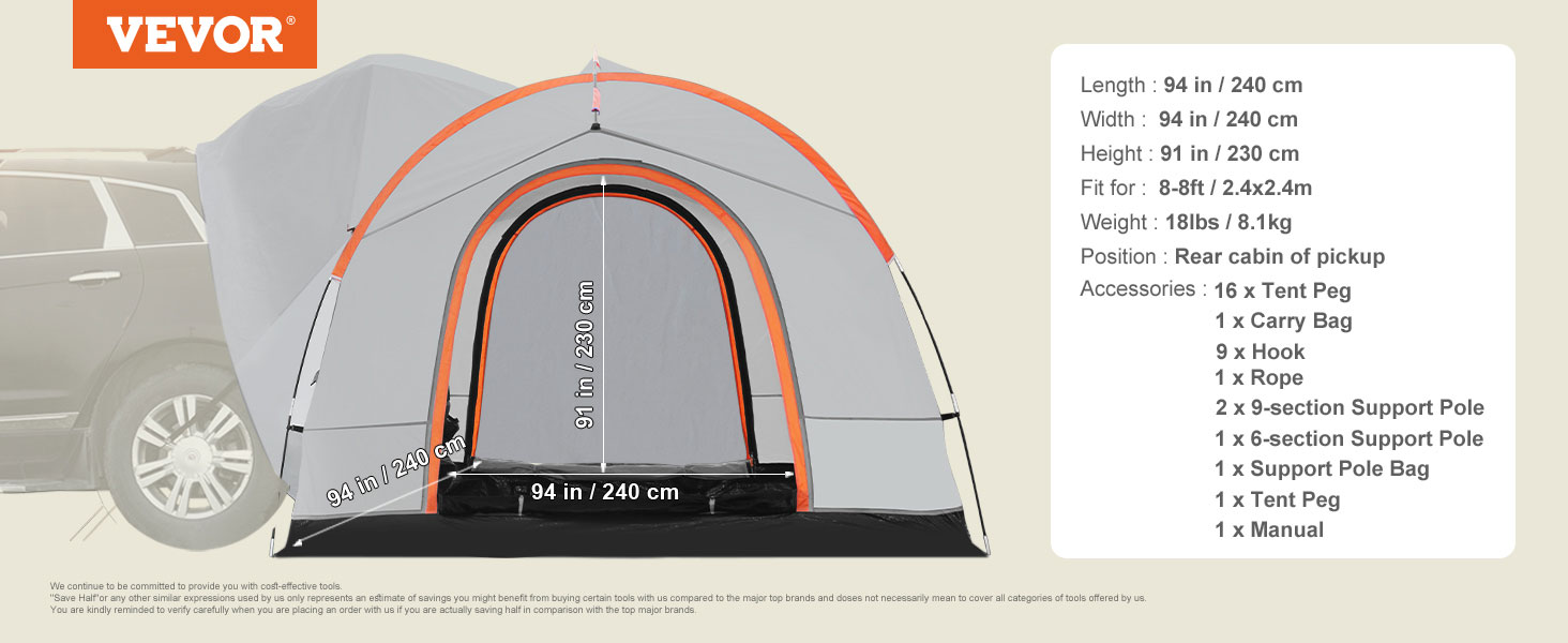 Tente de camping pour SUV, 240 x 240 cm, Auvent