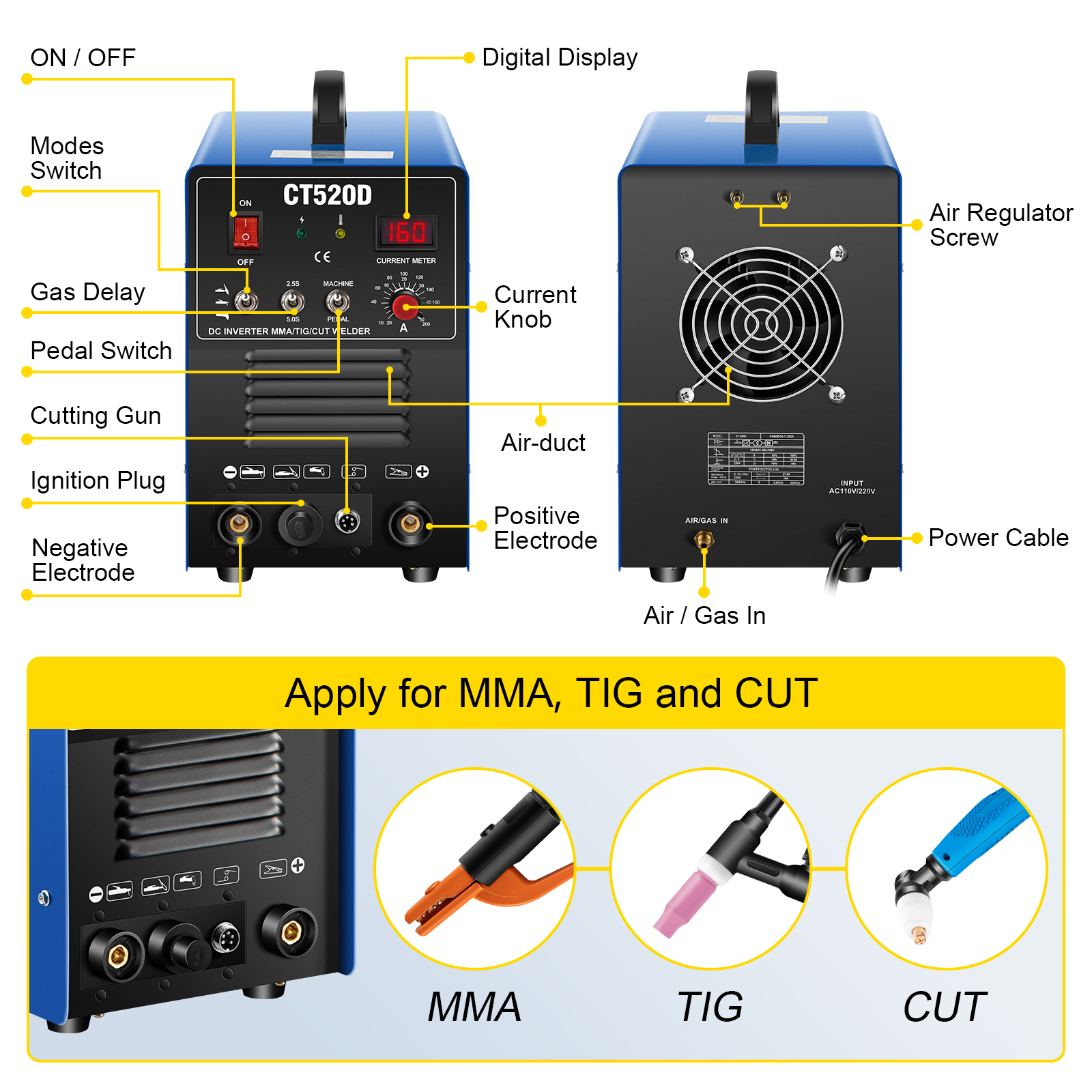 VEVOR Découpeur plasma CT520D TIG MMA Soudeuse par point Poste à souder mig  Machine de découpe au Plasma pour le bricolage à domicile et travaux de  réparation généraux