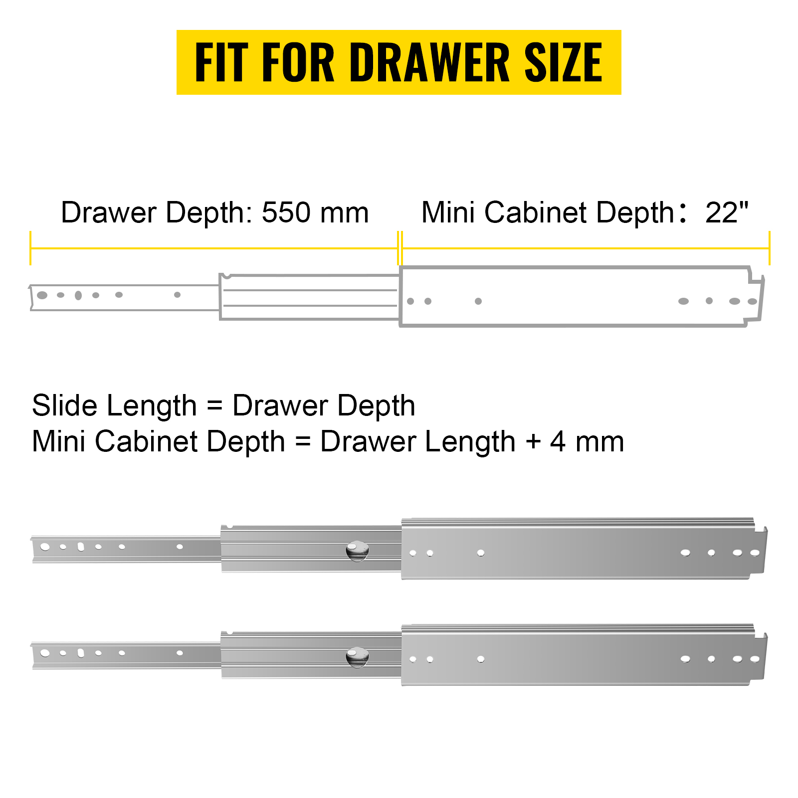 VEVOR Drawer Slides, 1 Pair 22 Inch Heavy Duty Drawer Slides, Ball Bearing  Side Mount Drawer Hardware Slides, 500 LBS Load Capacity 3-Section Full
