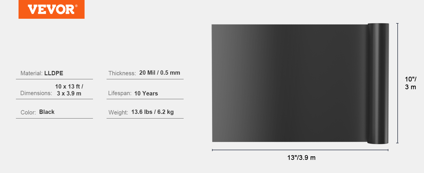 VEVOR jezírková vložka, 10 x 13 stop, tloušťka 20 mil, ohebný materiál LLDPE, potahy jezírek, snadné řezání podkladu pro jezírka s rybami nebo koi, vodní prvky, vodopádová základna, fontány, vodní zahrady, černá
