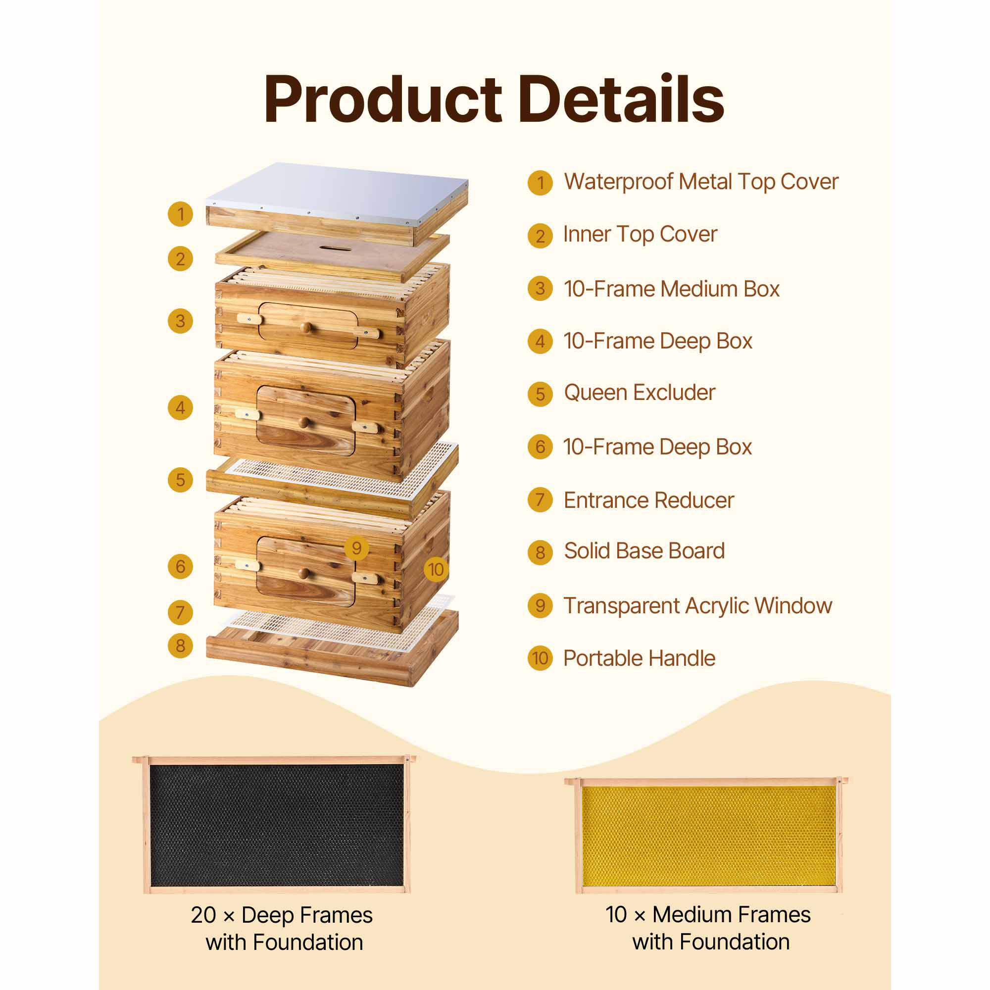 Bee Hive Langstroth Deep Beehive Kit 10 Frames Acrylic Bee Windows | eBay