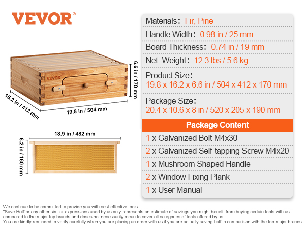 VEVOR Bee Hive 10-Frame Complete Beehive Kit 100% Beeswax Natural