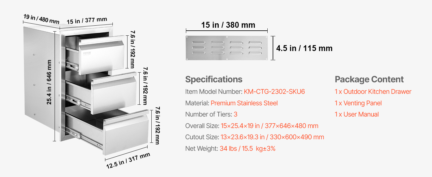 Outdoor Kitchen Drawer Stainless Steel 15X25 in Triple Access