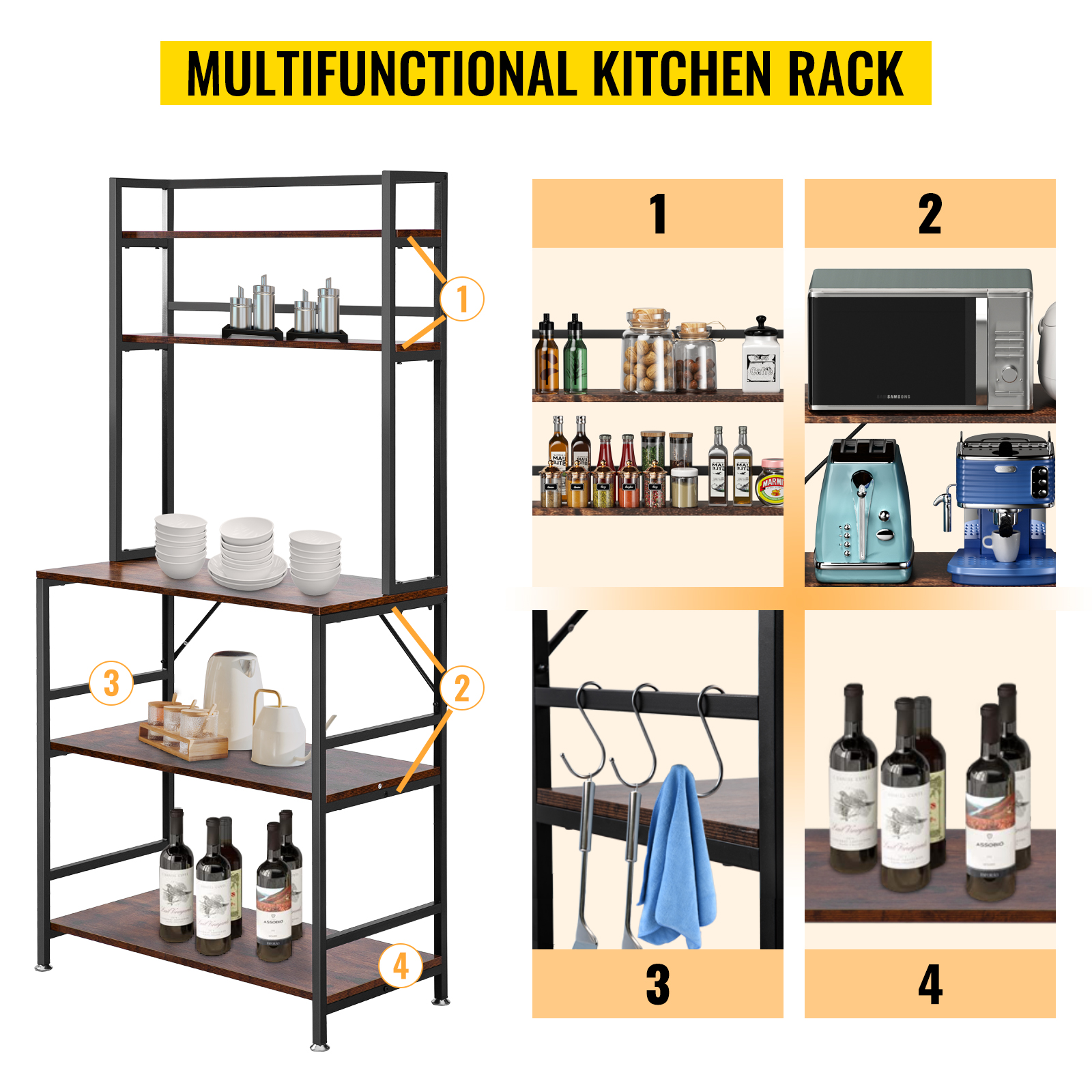 VEVOR Kitchen Baker's Rack, Coffee Bar, 6-Tier Microwave Oven Stand, Bakers Racks for Kitchens with Storage