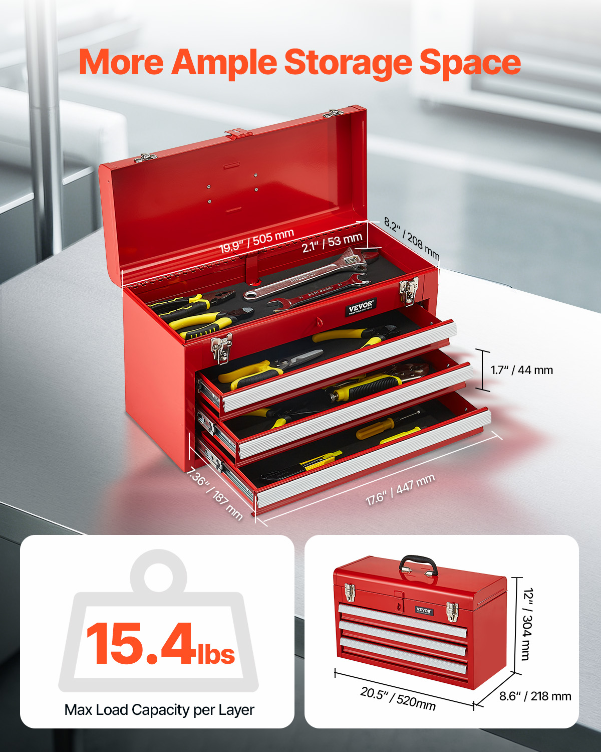 VEVOR Tool Box 218.4/457.2/520mm Portable Metal Tool Box 3/4/5 Drawers Organizer - Picture 50 of 72