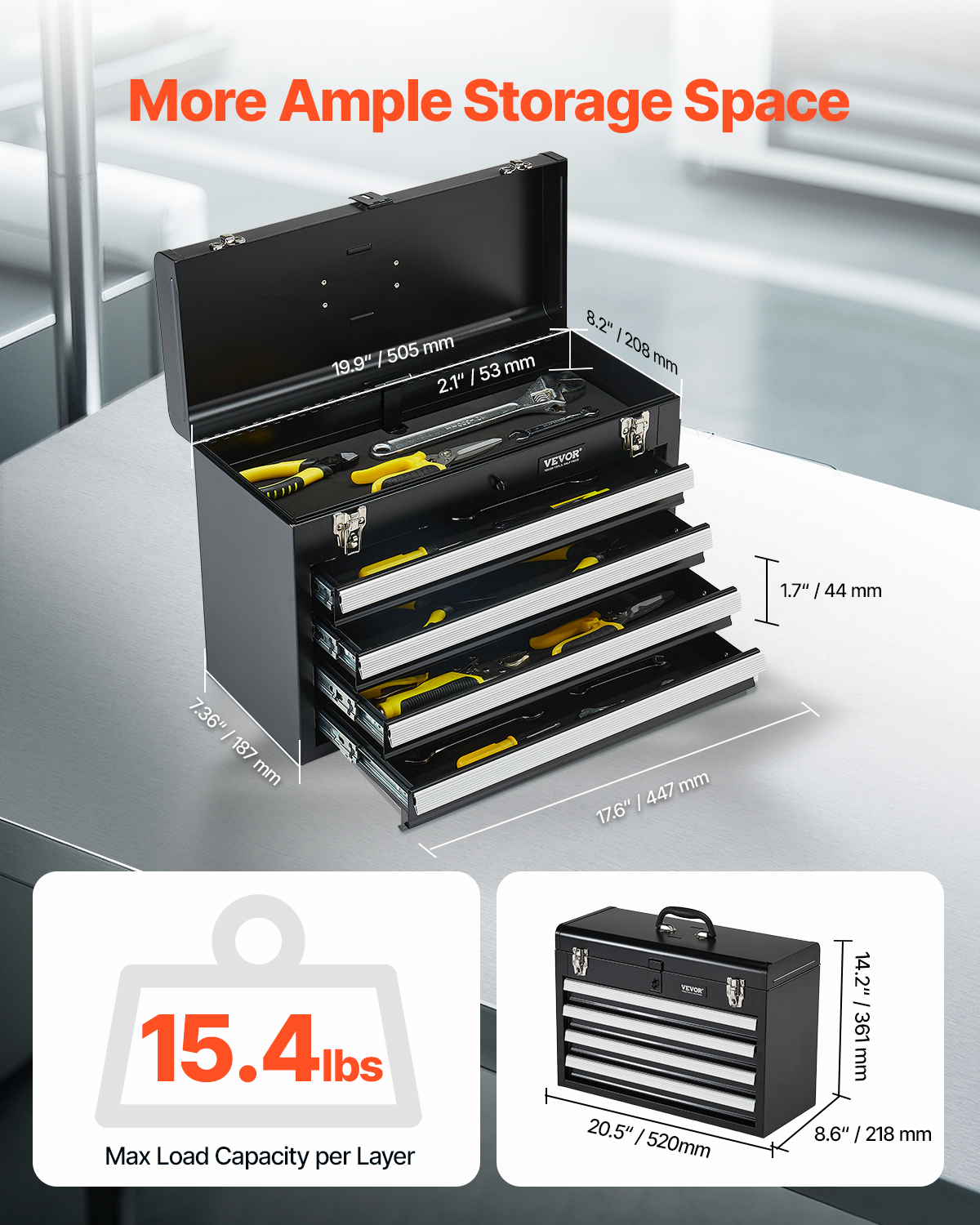 VEVOR Tool Box 218.4/457.2/520mm Portable Metal Tool Box 3/4/5 Drawers Organizer - Picture 62 of 72