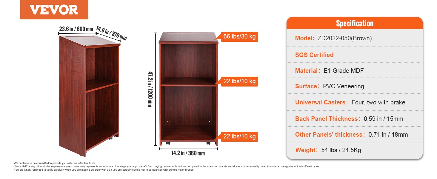 Stojan na pódium VEVOR, 47palcový stánek pro hostesky se 4 pojízdnými kolečky, dřevěné pódium s úložnými policemi a šikmá pracovní plocha, řečnické pulty a pódia pro kostel, kancelář, školu, dům, hnědá