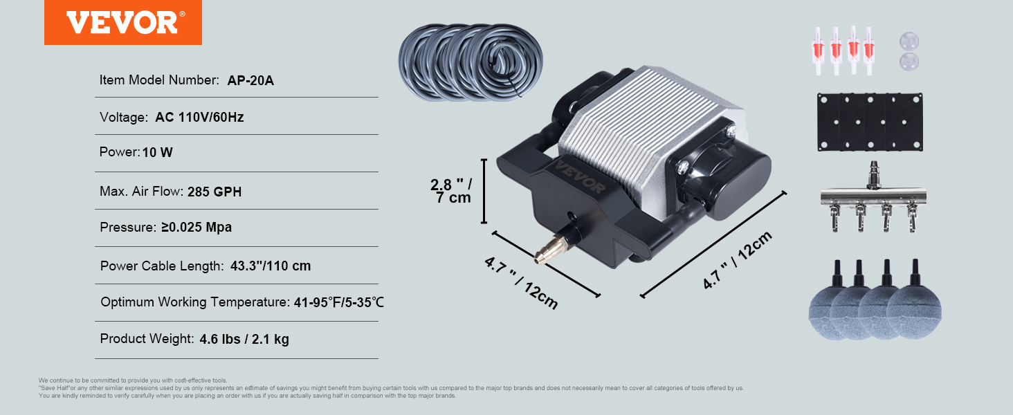 VEVOR Pond Aeration Kit, 4 Outlets Pond Aerator for up to 2000 Gallons, 10 W All-in-One Pond Air Pump Kit with Air Stones, Check Valves, Airline Tubing for Pond, Fish Tank, Aquarium, Hydroponic