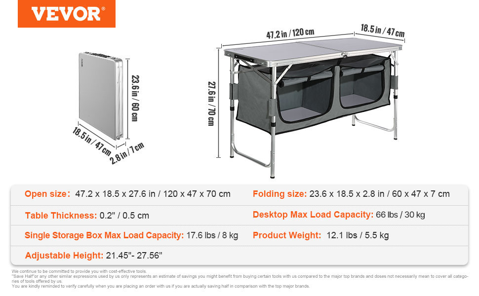 VEVOR camping table with storage, foldable design, adjustable height, 47.2"x18.5"x27.6".