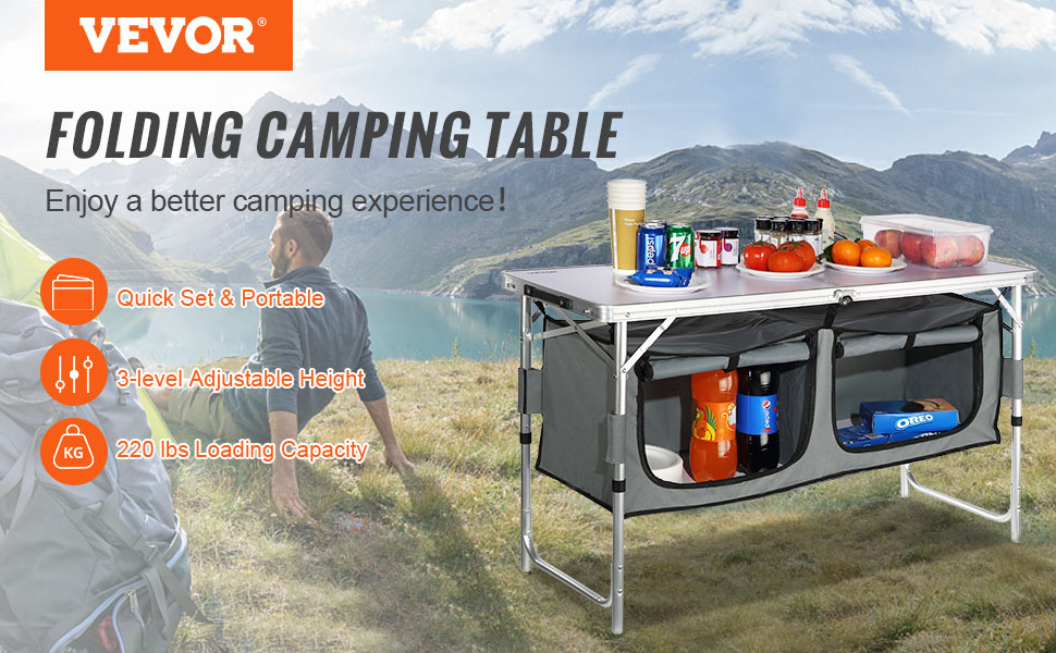 VEVOR Camping Kitchen Station, 47.2 x 18.5 Aluminum Portable Folding Camp  Cook Table with Storage Organizer and 4 Adjustable Feet, Gray