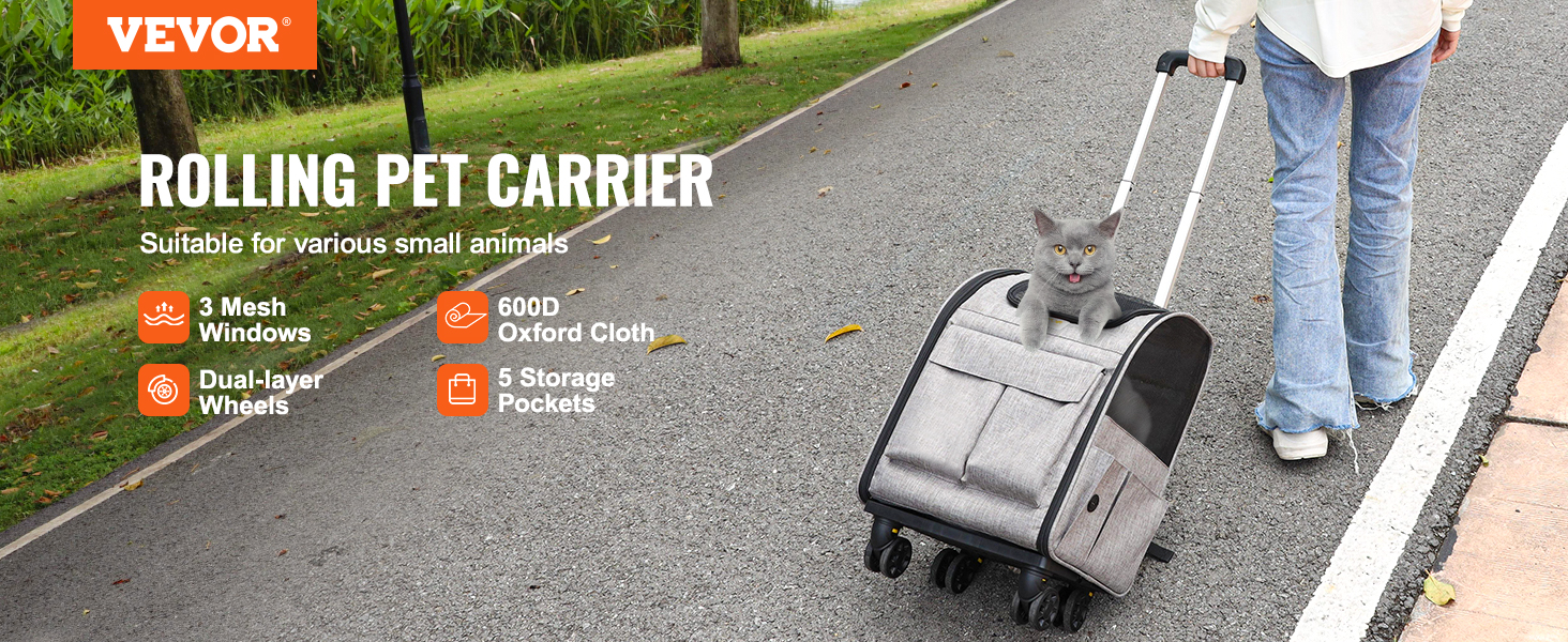 VEVOR VEVOR Cat Carrier with Wheels, Rolling Pet Carrier with Telescopic  Handle and Shoulder Strap, Dog Carrier with Wheels for Pets under 18 lbs,  with 1 Folding Bowl, Grey