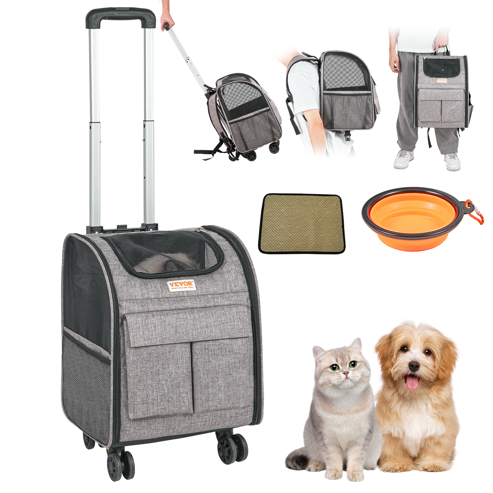 VEVOR Cat Carrier with Wheels Rolling Pet Carrier with Handle 18/22/25/35 lbs