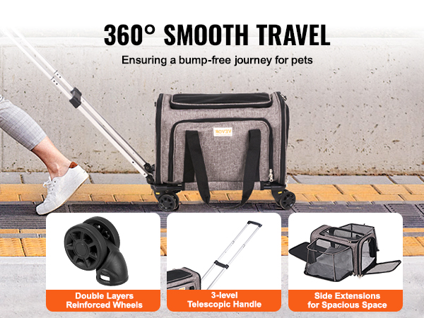 VEVOR Cat Carrier with Wheels, Rolling Pet Carrier with Telescopic
