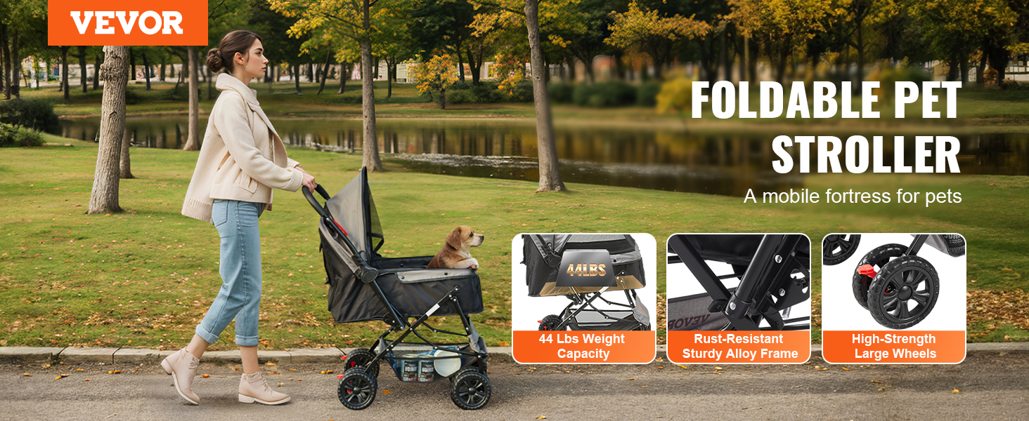 Cat Wheel VEVOR Pet Stroller, 4 Wheels Dog Stroller Rotate With Brakes, 66 Lbs Weight Capacity, Puppy Stroller With Detachable Carrier, Storage Basket And Pet Dog Carrier