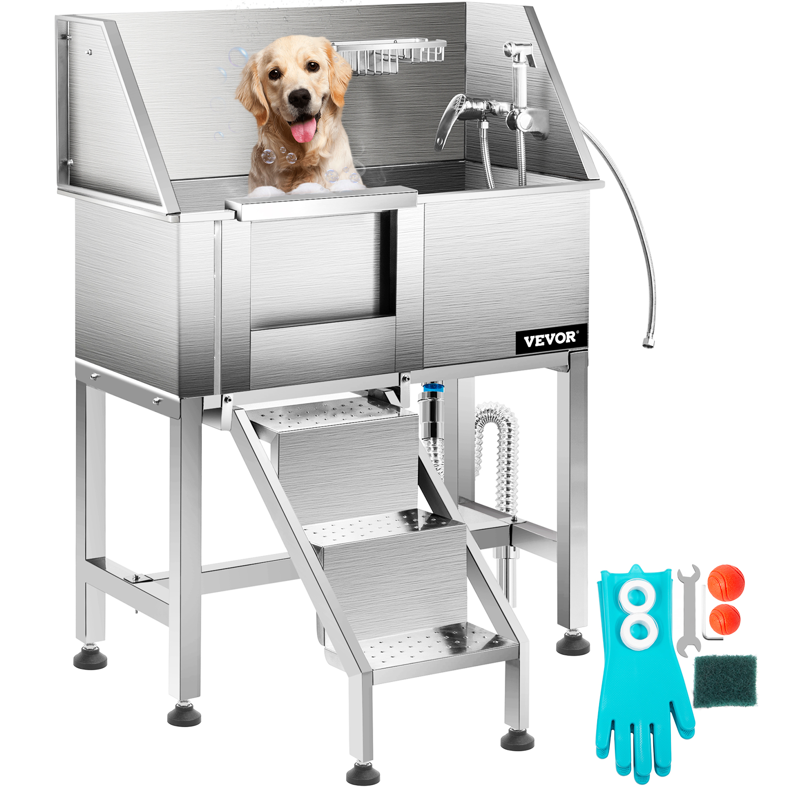  VEVOR Bañera profesional de aseo para perros de acero  inoxidable de 62 pulgadas, bañera grande de lavado para perros con grifo,  rampa de entrada y accesorios, estación de lavado de perros