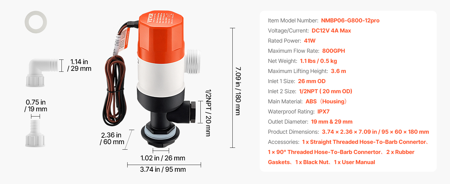 thumbnail image 2 of VEVOR 12V 800 GPH Livewell Pump For Boats - Dual Inlet Aerator/Baitwell Pump, Corrosion-Resistant For Saltwater 2 of 9