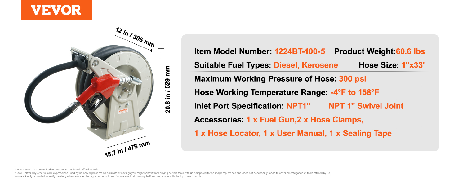 VEVOR Fuel Hose Reel, 1 x 33', Extra Long Retractable Diesel Hose