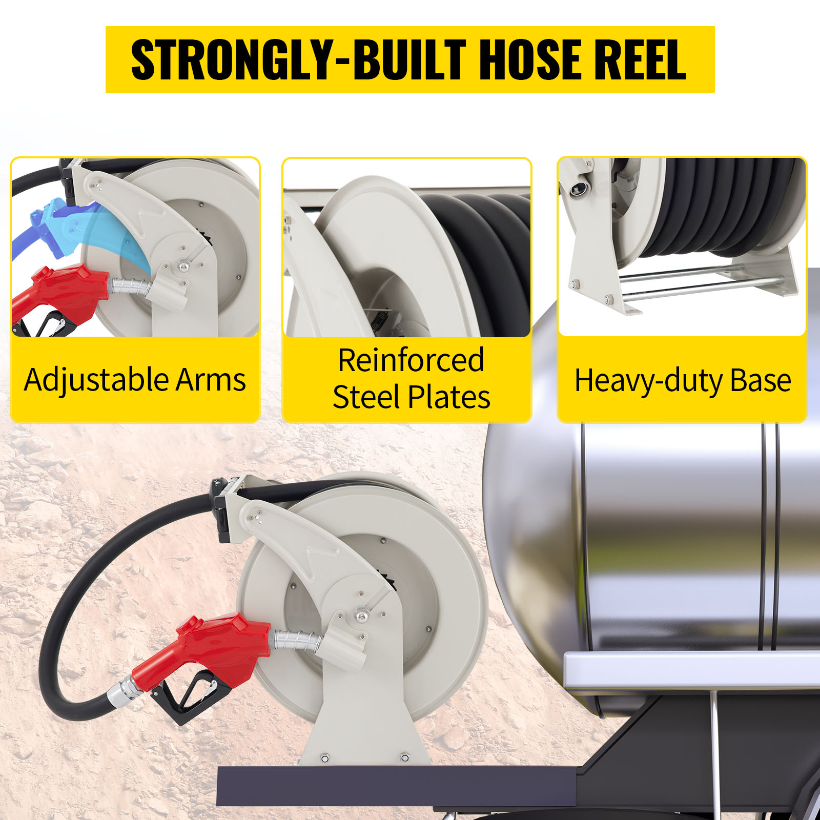 VEVOR Fuel Hose Reel, 3/4 x 66' Extra Long Retractable Diesel Hose Reel,  Heavy-duty Steel Construction with Automatic Refueling Gun, Rubber Hose  Used