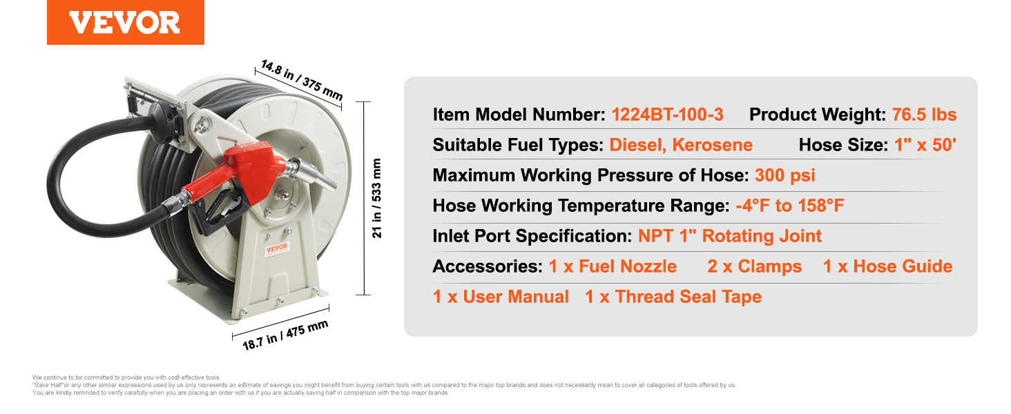 Retractable Fuel Hose Reel 1 x 50' with Fueling Nozzle, Heavy