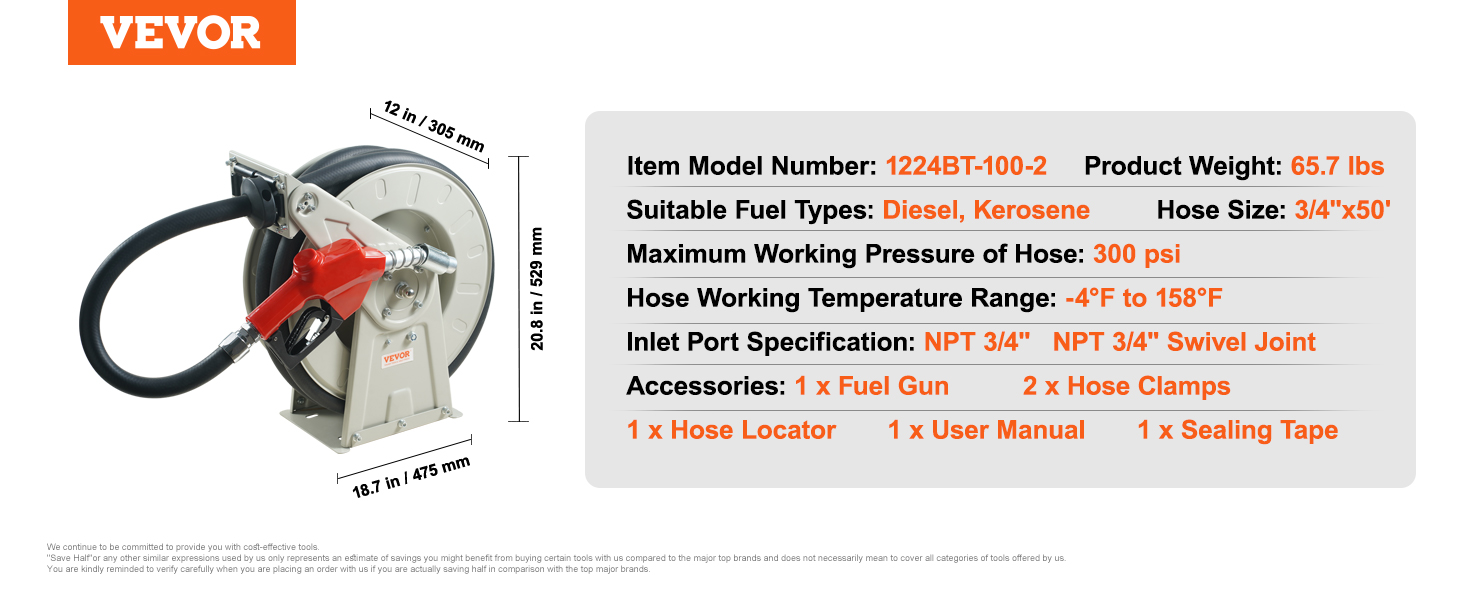  Diesel Fuel Hose Reel Retractable 3/4 x 50' 300 PSI