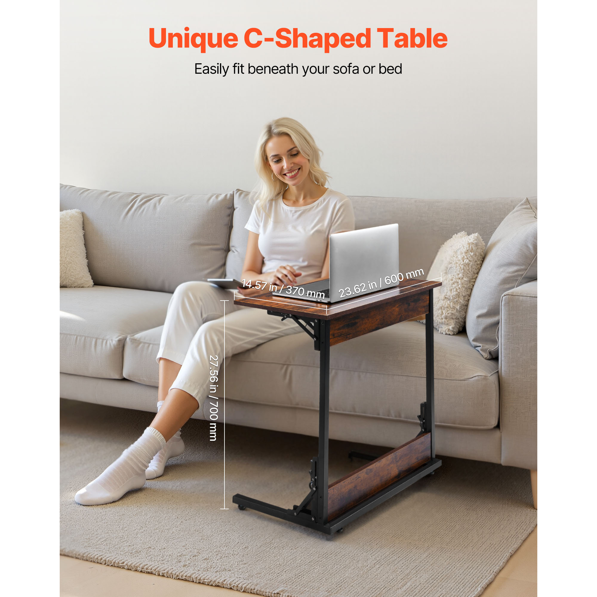 Uimoso C-Shaped Side Table with Metal Frame and Rolling Wheels/Adjustable Feet