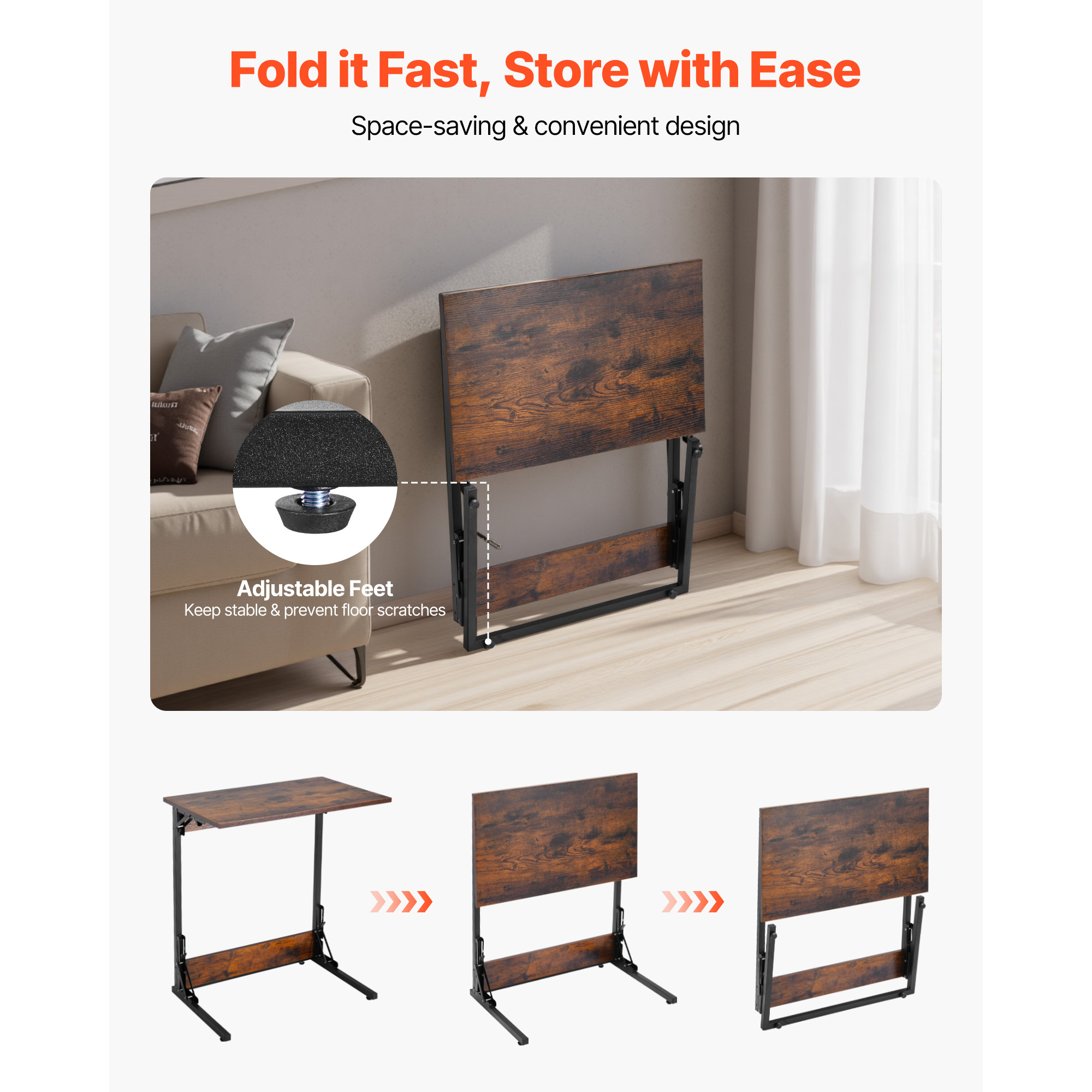 Uimoso C-Shaped Side Table with Metal Frame and Rolling Wheels/Adjustable Feet