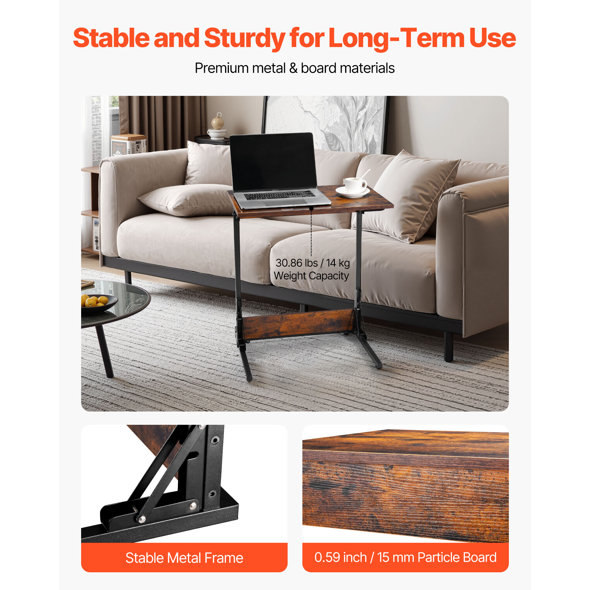 Uimoso C-Shaped Side Table with Metal Frame and Rolling Wheels/Adjustable Feet