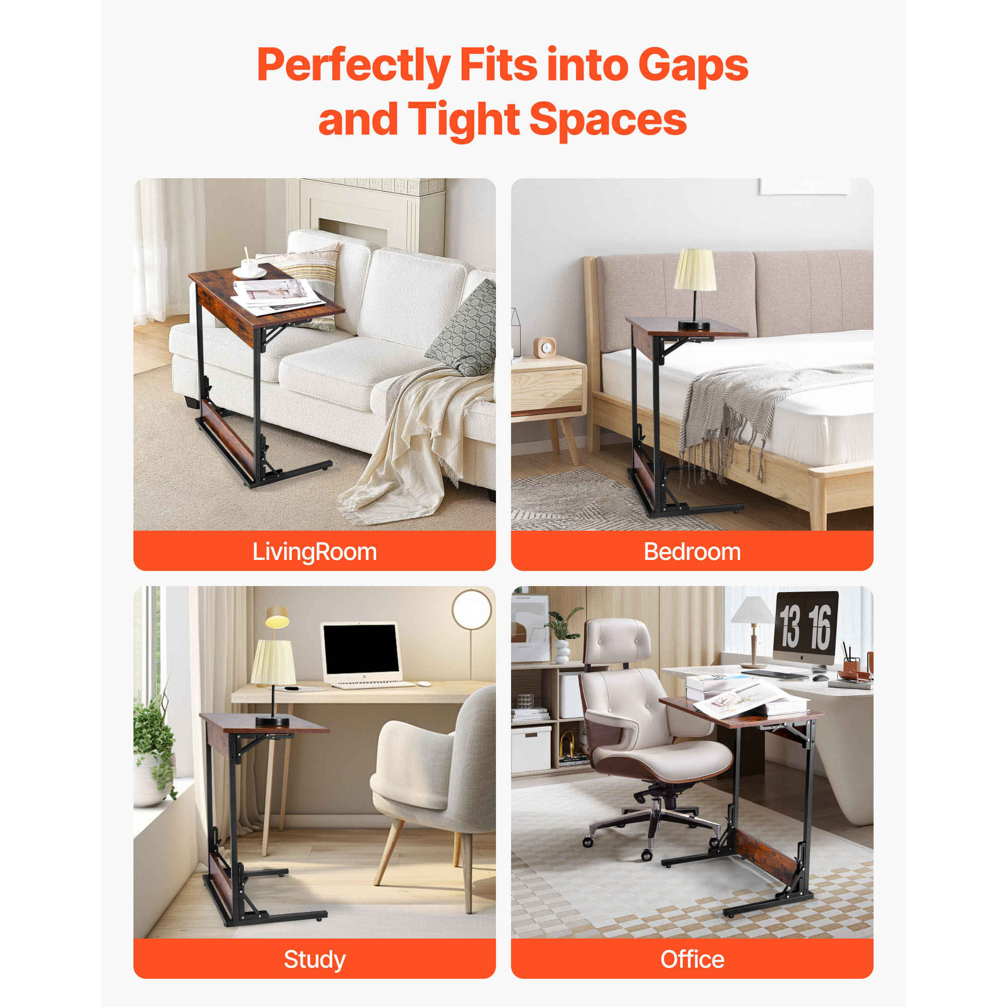 Uimoso C-Shaped Side Table with Metal Frame and Rolling Wheels/Adjustable Feet