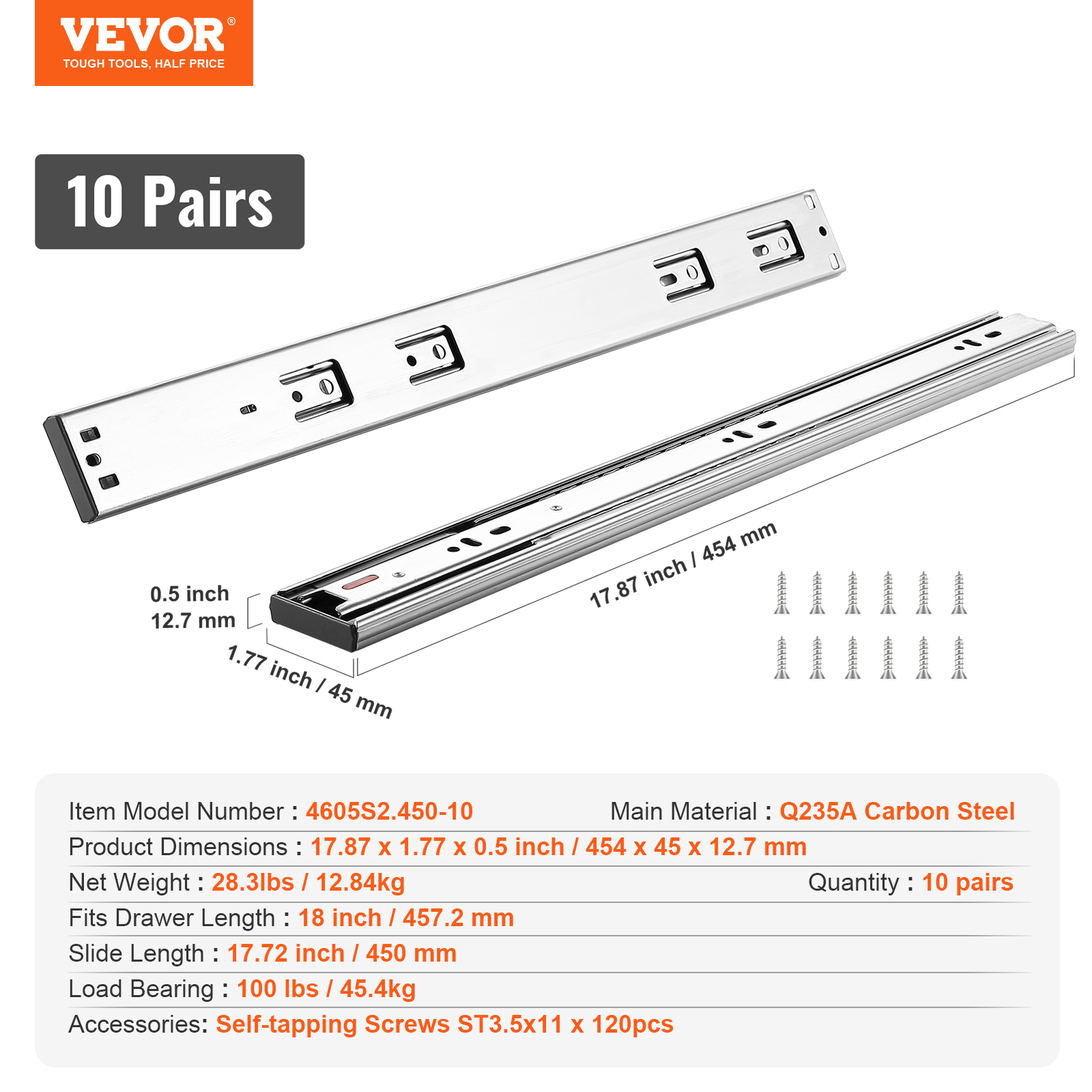 VEVOR 6/10 Pairs 14-24" Soft-Close Drawer Slides Ball Bearing Full Extension - Picture 93 of 146