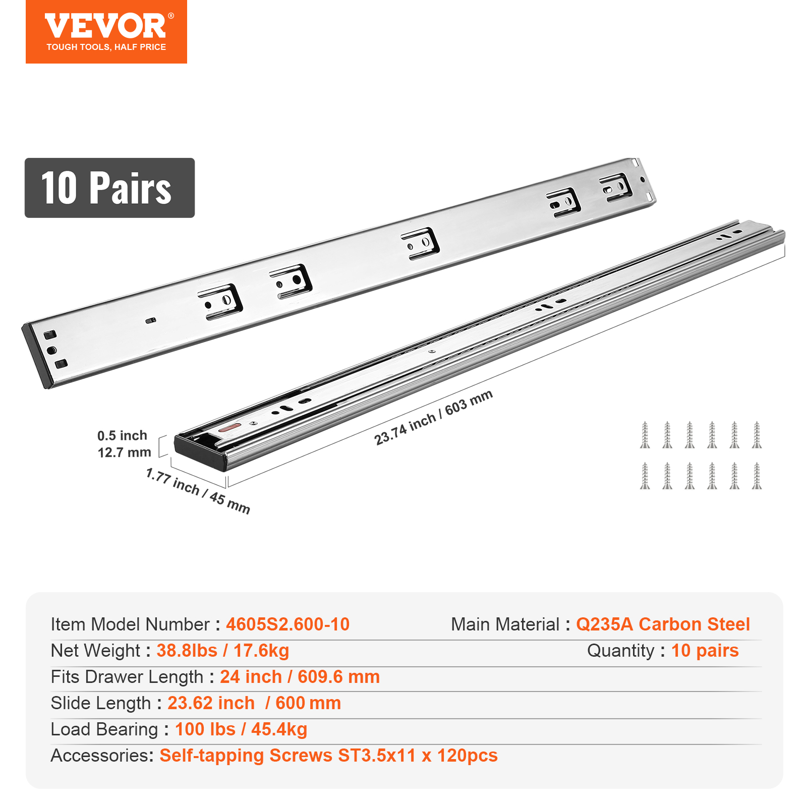 VEVOR 6/10 Pairs 14-24" Soft-Close Drawer Slides Ball Bearing Full Extension - Picture 105 of 146