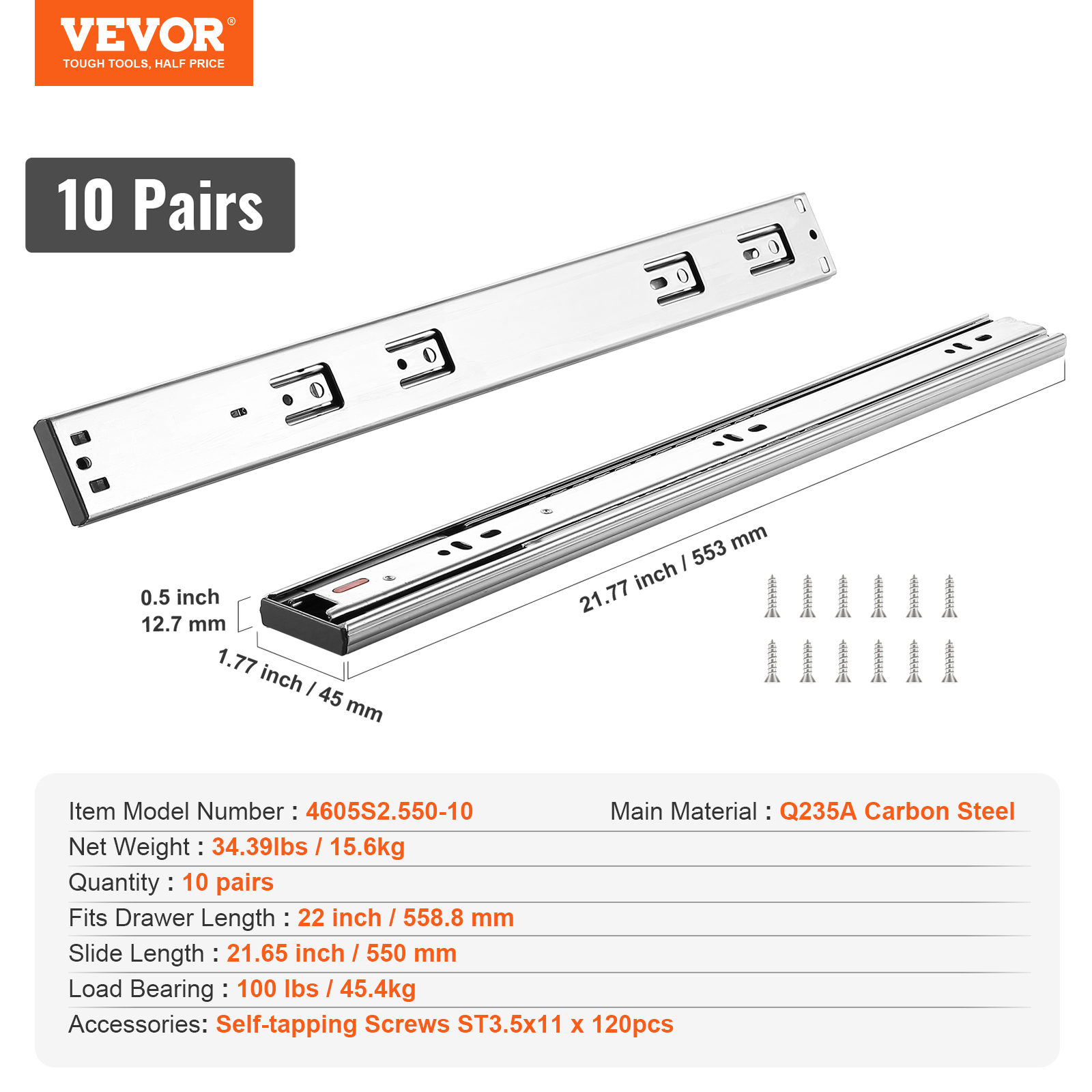 VEVOR 6/10 Pairs 14-24" Soft-Close Drawer Slides Ball Bearing Full Extension - Picture 45 of 146