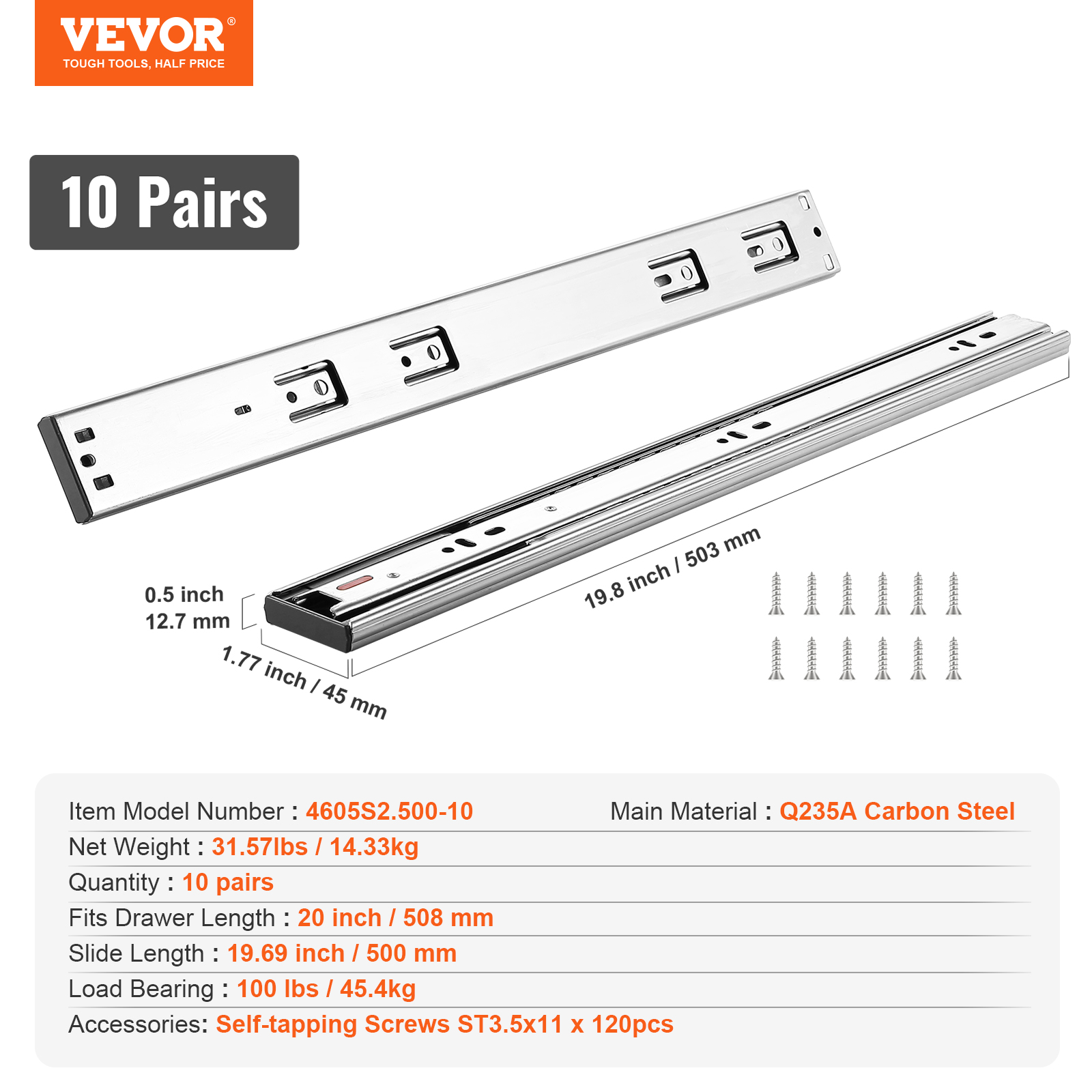 VEVOR 6/10 Pairs 14-24" Soft-Close Drawer Slides Ball Bearing Full Extension - Picture 117 of 146