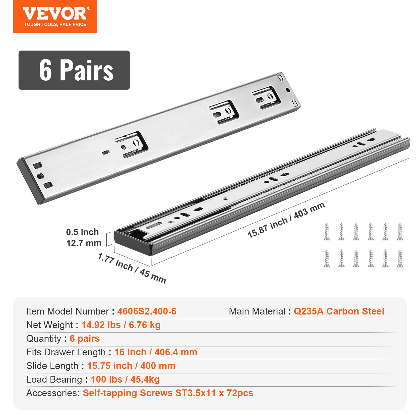 VEVOR 6/10 Pairs 14-24" Soft-Close Drawer Slides Ball Bearing Full Extension - Picture 57 of 146