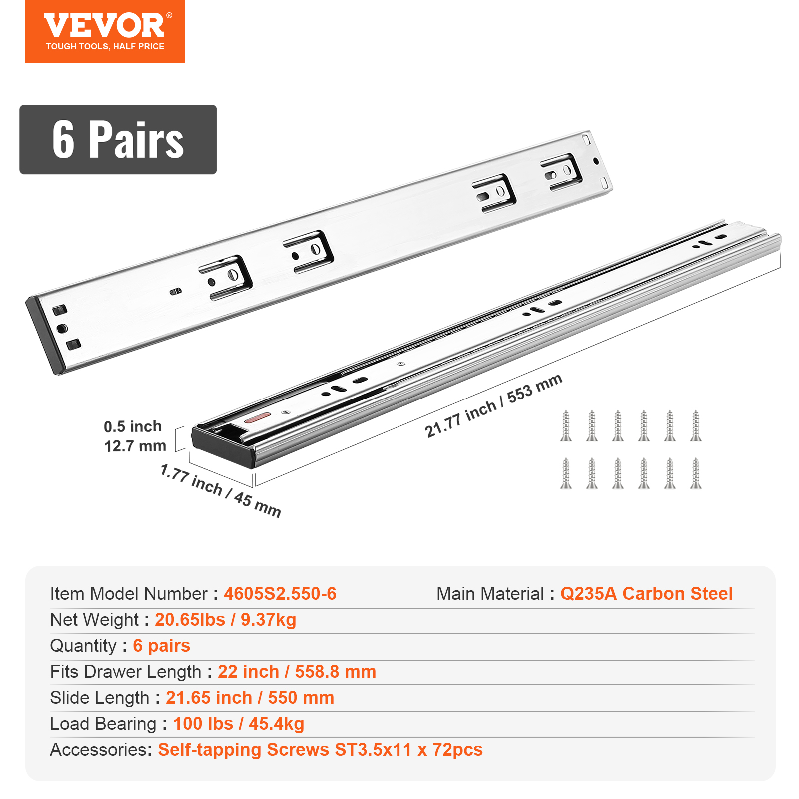 VEVOR 6/10 Pairs 14-24" Soft-Close Drawer Slides Ball Bearing Full Extension - Picture 21 of 146