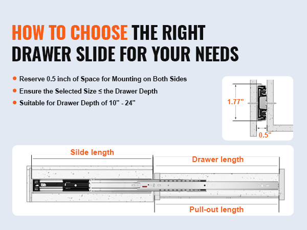 VEVOR 6 Pairs of 20 Inch Drawer Slides Side Mount Rails, Heavy Duty