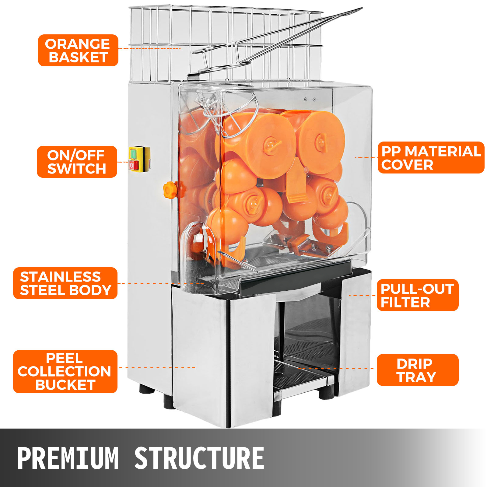 VEVOR VEVOR Exprimidor de Naranjas 120W Máquina Automática Comercial 20  naranjas / min Exprimidor Eléctrico de Naranjas 45x34x78.5cm Exprimidor  Naranjas Zumo Industrial 42 kg para jugo de rango de limón