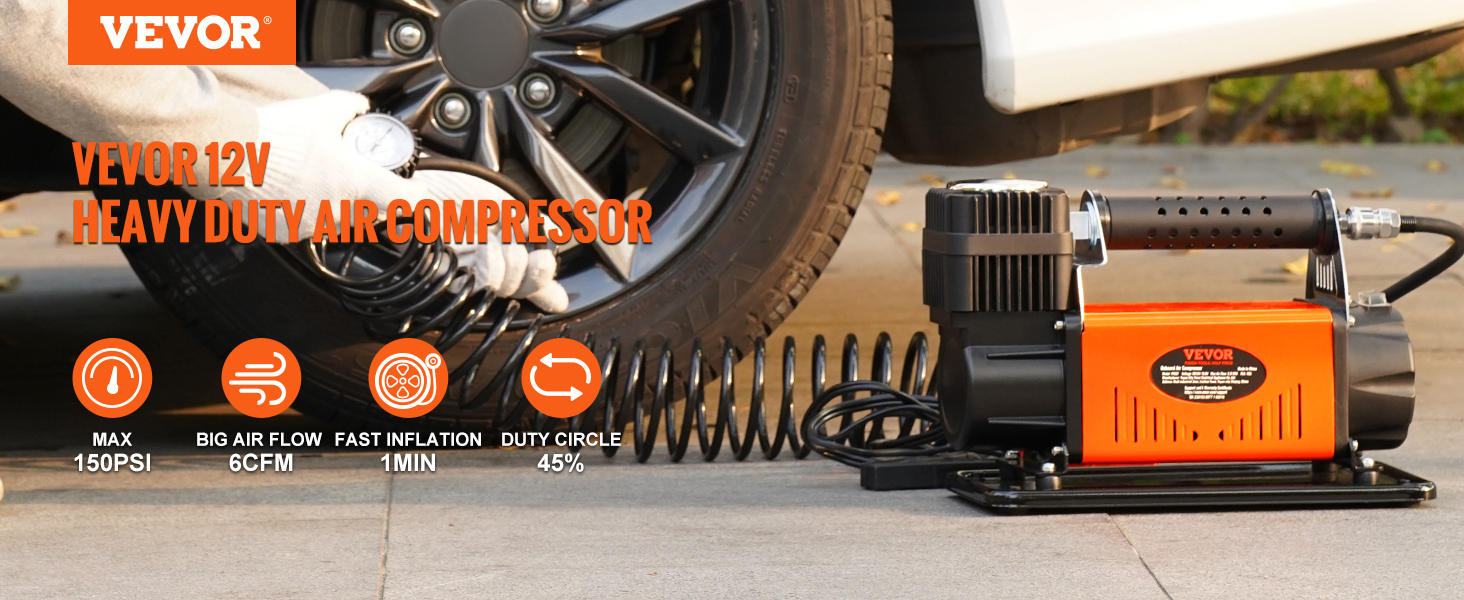 VEVOR 12V Auto-Kompressor 150PSI Luftkompressor 6CFM(170L/Min) Auto-Reifenfüller  mit Wärmeschutz Luftpumpe inkl 3 m Netzkabel und 7,9 m Luftschlauch