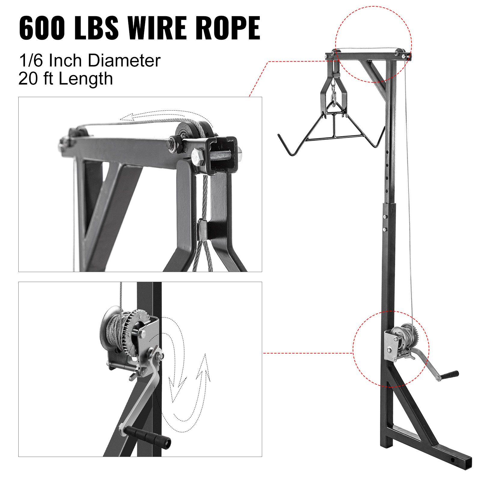 VEVOR Hitch Mounted Deer Hoist, 300lbs Capacity Hitch Game Hoist, 2'' Truck Hitch Deer Hoist with Winch Lift and Gambrel Set, Adjustable Height, Heavy Duty Steel Mounted Hanger for Hunting, Loading