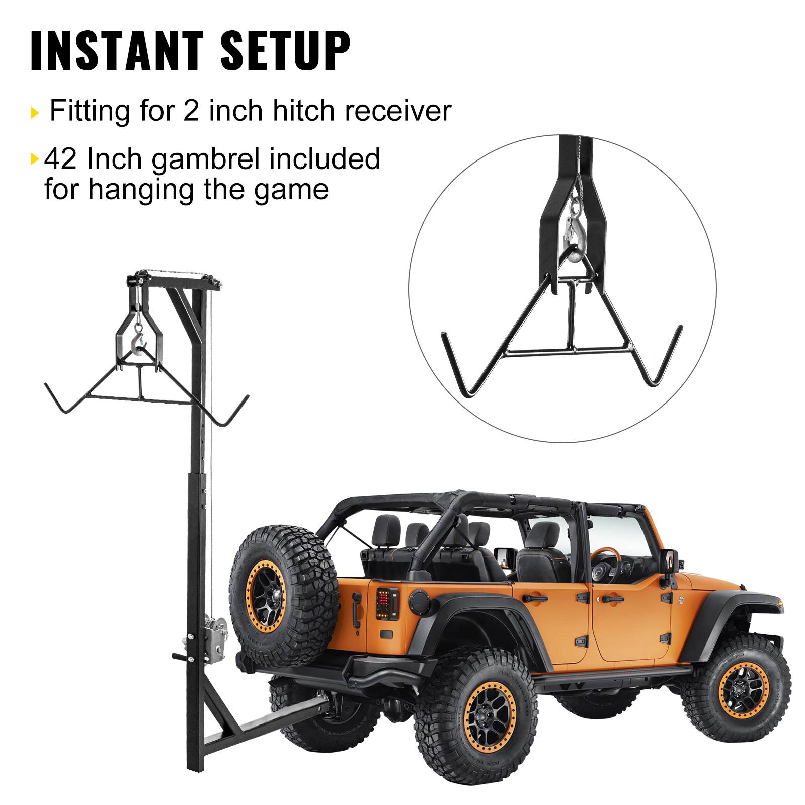 VEVOR Hitch Mounted Deer Hoist, 300lbs Capacity Hitch Game Hoist, 2'' Truck Hitch Deer Hoist with Winch Lift and Gambrel Set, Adjustable Height, Heavy Duty Steel Mounted Hanger for Hunting, Loading