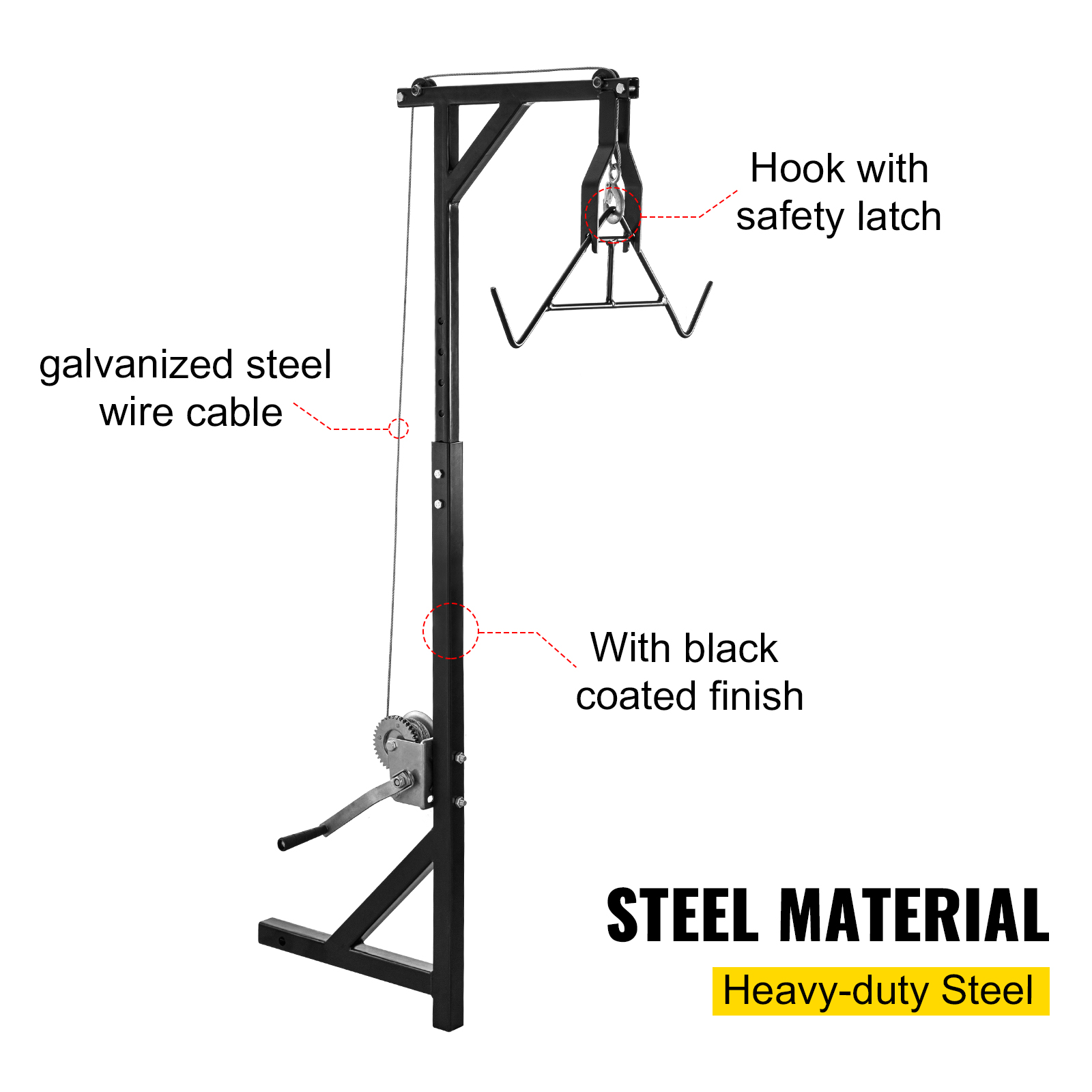VEVOR Hitch Mounted Deer Hoist, 300lbs Capacity Hitch Game Hoist, 2'' Truck Hitch Deer Hoist with Winch Lift and Gambrel Set, Adjustable Height, Heavy Duty Steel Mounted Hanger for Hunting, Loading
