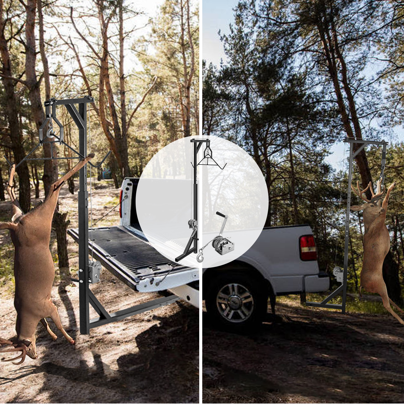 VEVOR Hitch Mounted Deer Hoist, 300lbs Capacity Hitch Game Hoist, 2'' Truck Hitch Deer Hoist with Winch Lift and Gambrel Set, Adjustable Height, Heavy Duty Steel Mounted Hanger for Hunting, Loading