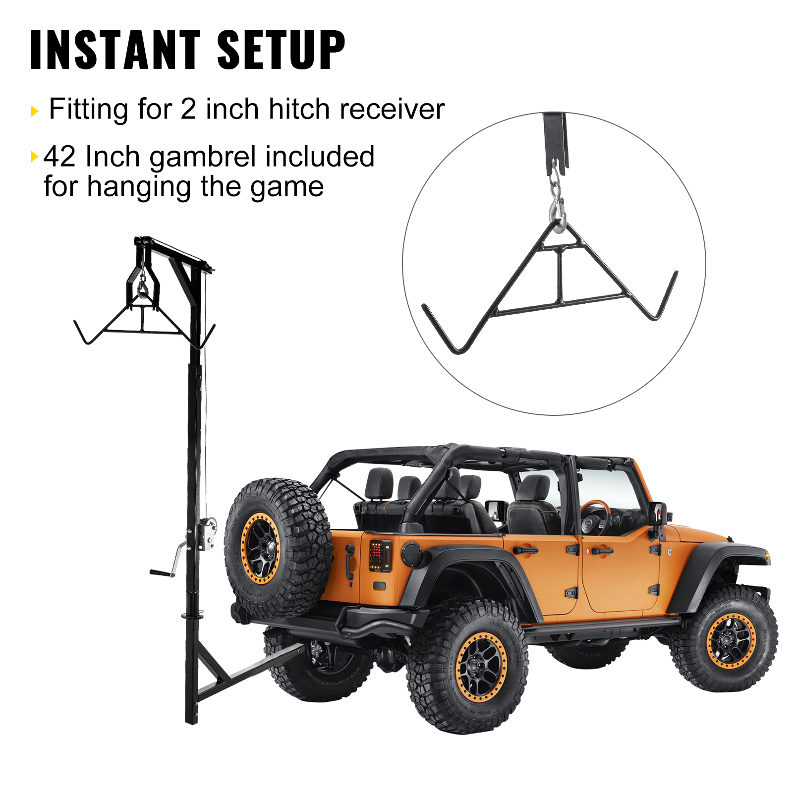 VEVOR Hitch Mounted Deer Hoist, 400lbs Capacity Hitch Game Hoist, 2'' Truck Hitch Deer Hoist with Winch Lift and Gambrel Set, Adjustable Height, Heavy Duty Steel Mounted Hanger for Hunting, Loading